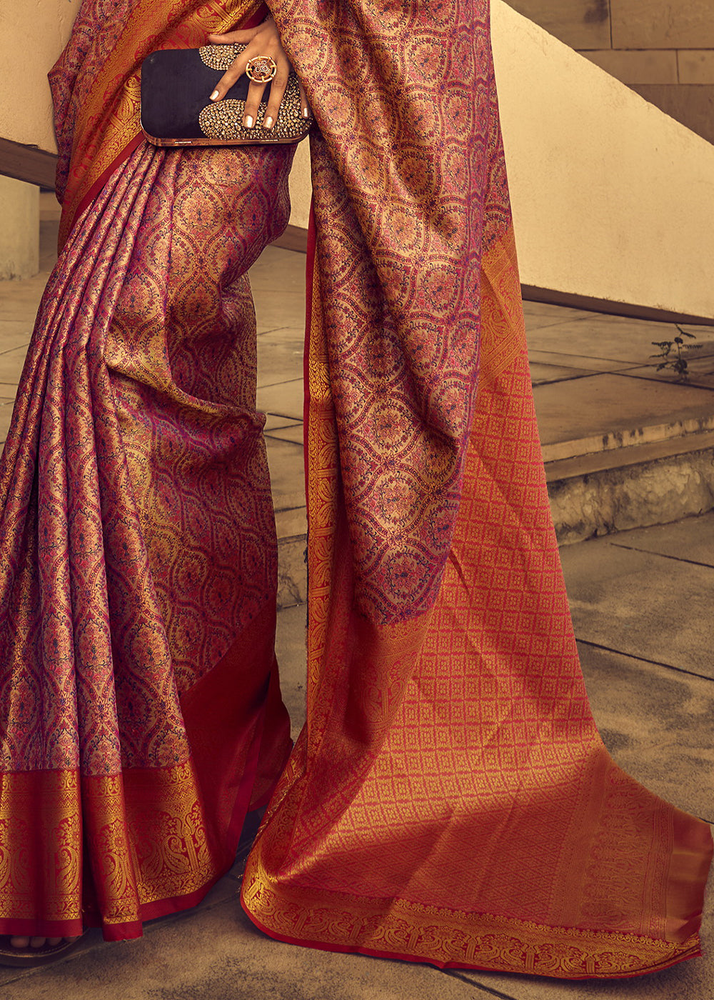 Purple & Red Two-Tone Handcrafted Kanjivaram Silk Saree