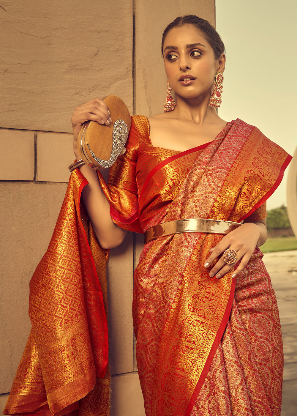 Pink & Red Two-Tone Handcrafted Kanjivaram Silk Saree