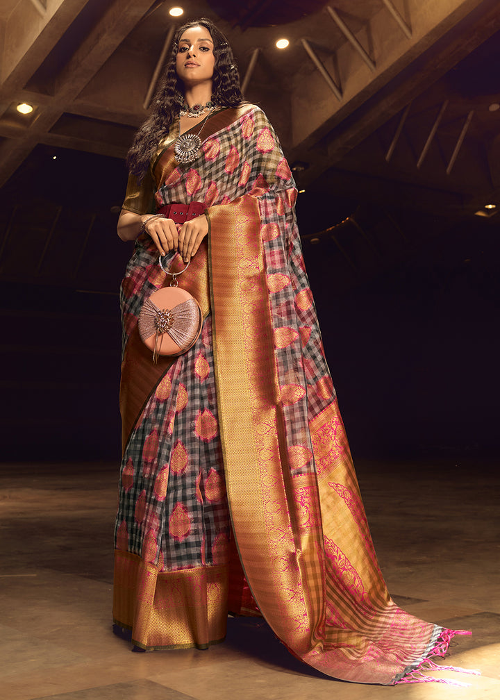 Grey & Pink Checkered Silk Saree with Zari Woven Buttas