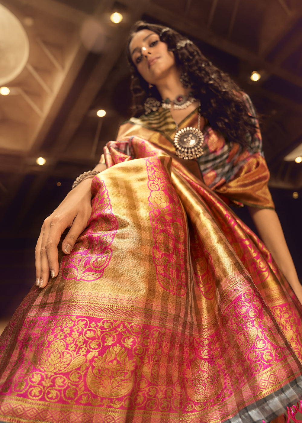 Grey & Pink Checkered Silk Saree with Zari Woven Buttas