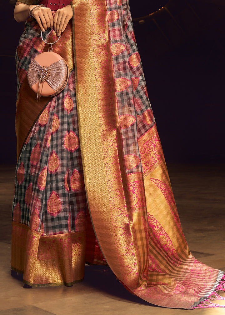 Grey & Pink Checkered Silk Saree with Zari Woven Buttas