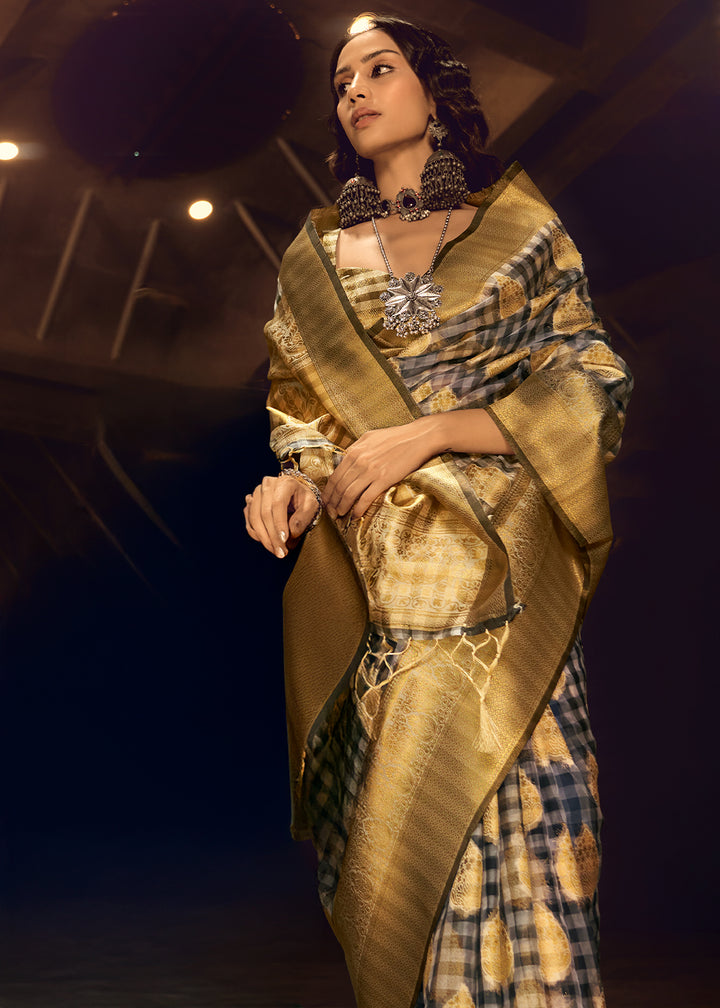 Grey & Mustard Yellow Checkered Silk Saree with Zari Woven Buttas