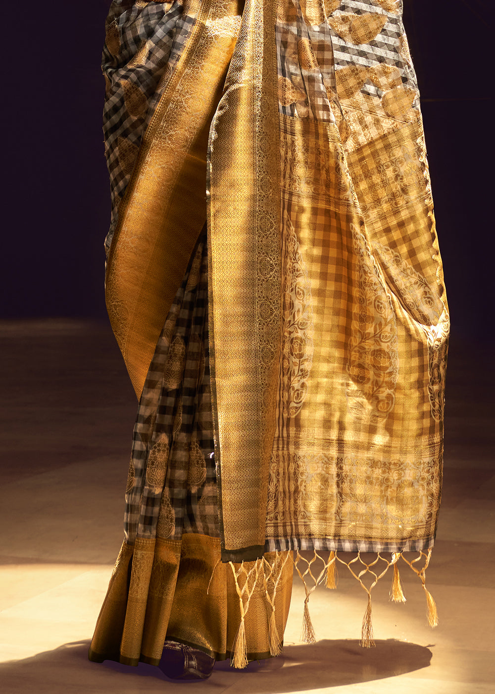 Grey & Mustard Yellow Checkered Silk Saree with Zari Woven Buttas