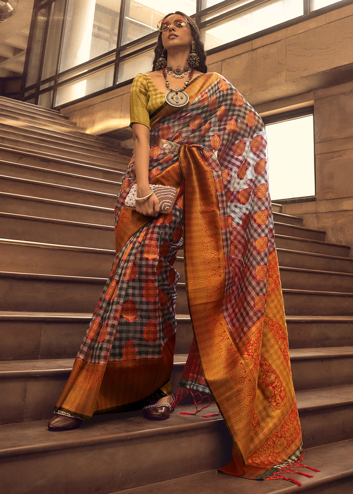 Grey & Orange Checkered Silk Saree with Zari Woven Buttas