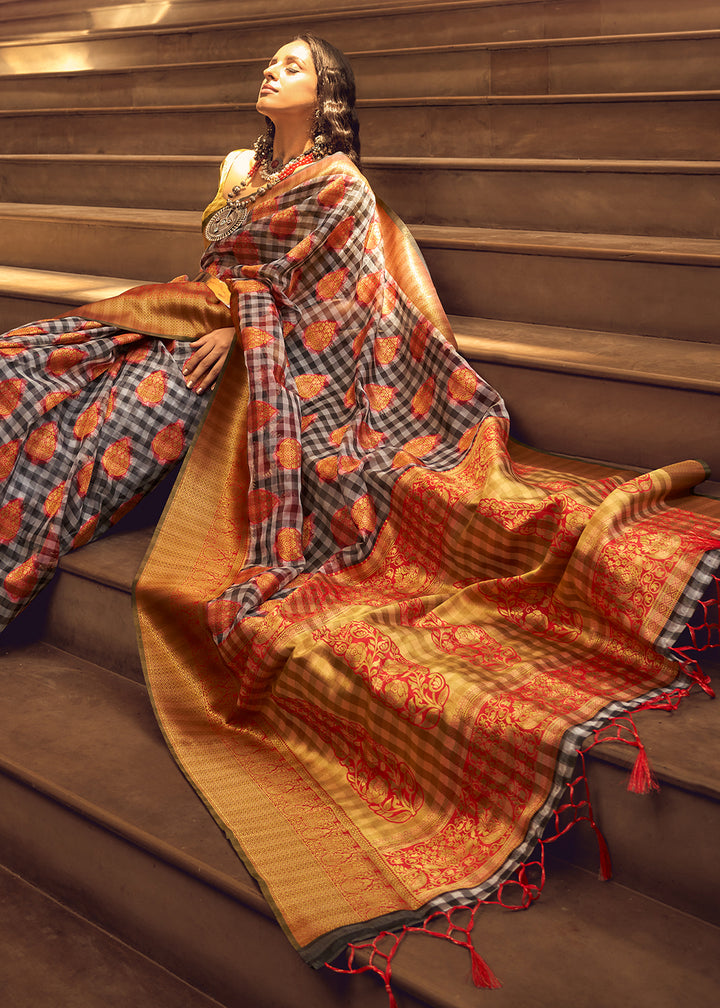 Grey & Orange Checkered Silk Saree with Zari Woven Buttas