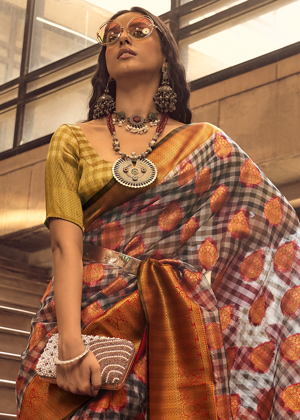 Grey & Orange Checkered Silk Saree with Zari Woven Buttas