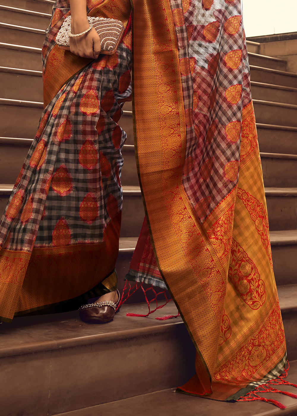 Grey & Orange Checkered Silk Saree with Zari Woven Buttas