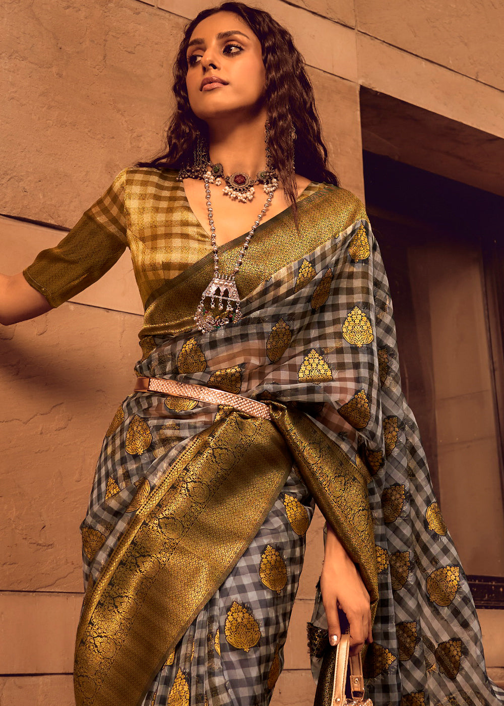 Grey & Green Checkered Silk Saree with Zari Woven Buttas