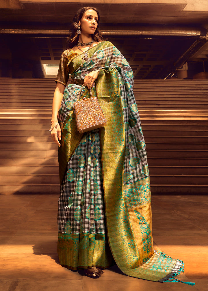 Grey & Blue Checkered Silk Saree with Zari Woven Buttas