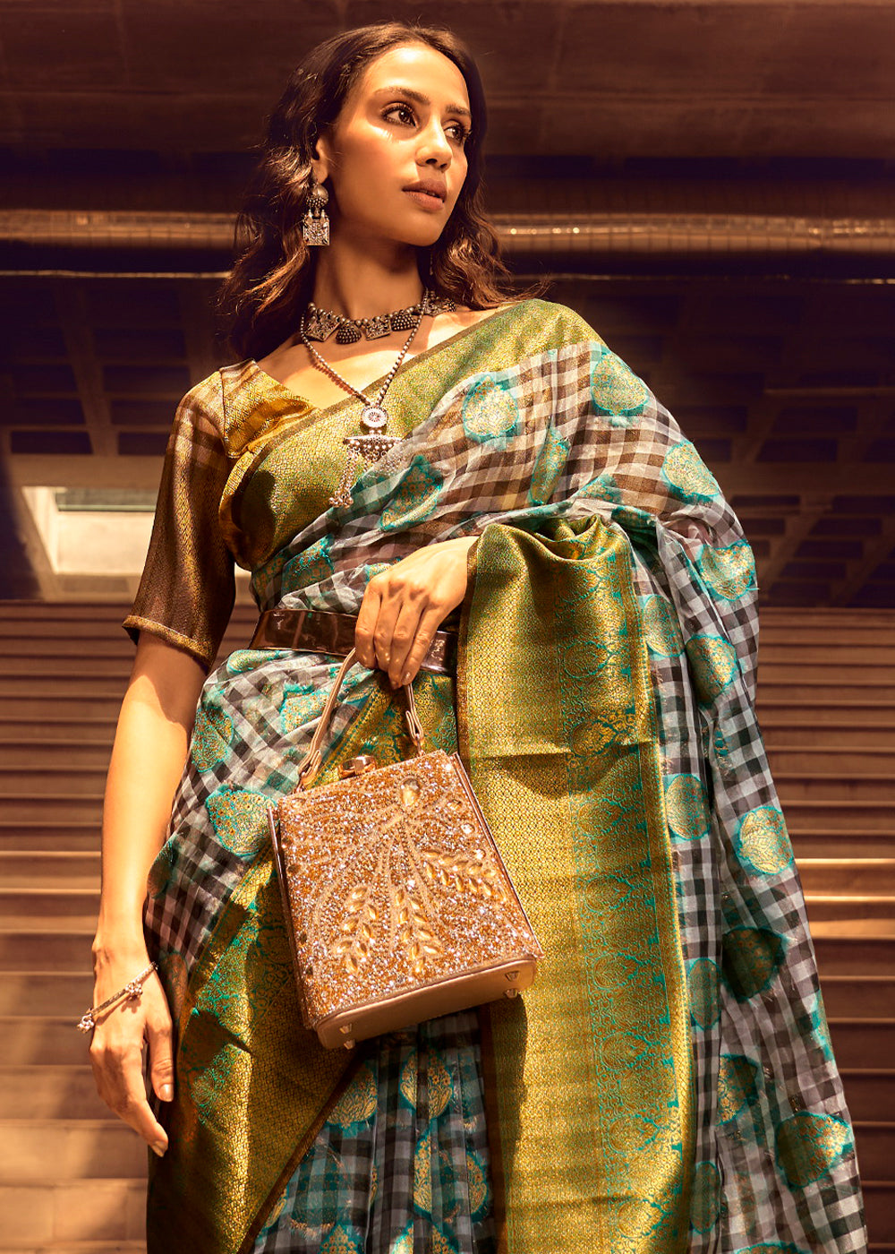 Grey & Blue Checkered Silk Saree with Zari Woven Buttas