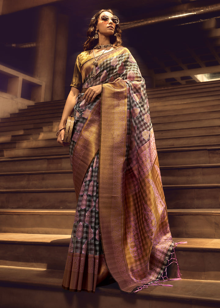 Grey & Purple Checkered Silk Saree with Zari Woven Buttas