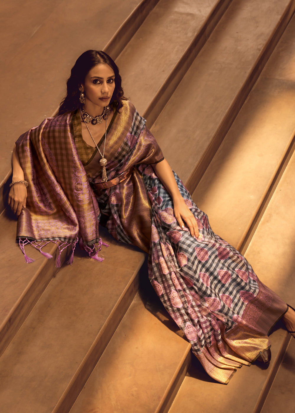 Grey & Purple Checkered Silk Saree with Zari Woven Buttas