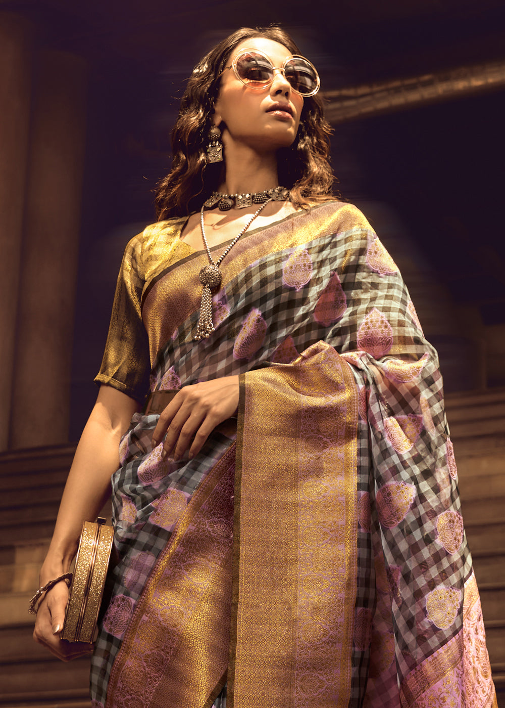 Grey & Purple Checkered Silk Saree with Zari Woven Buttas