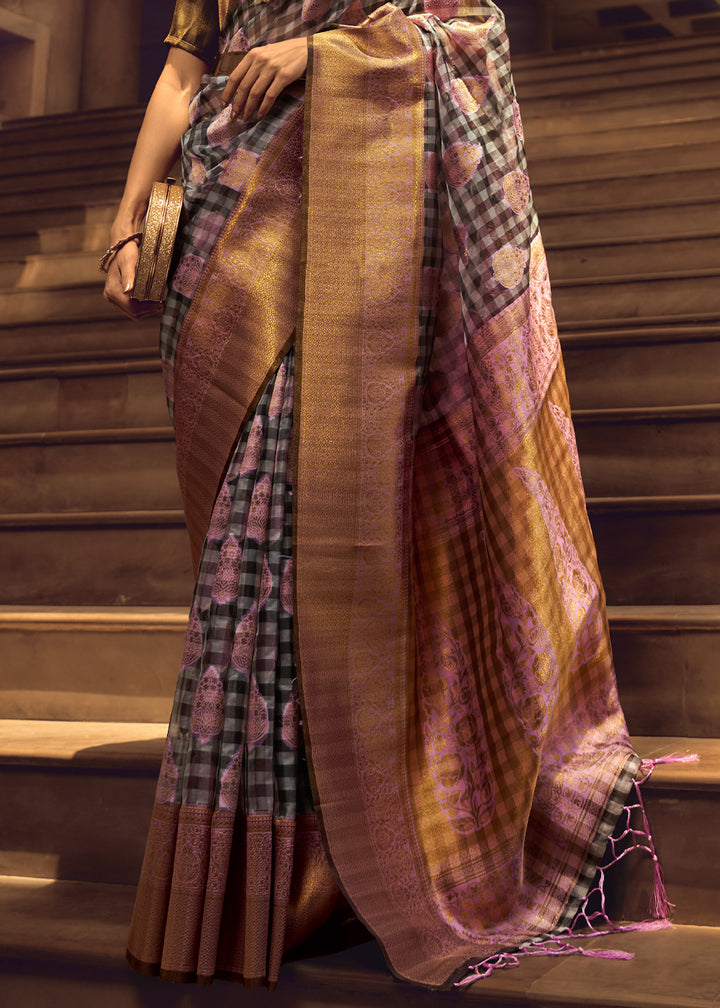 Grey & Purple Checkered Silk Saree with Zari Woven Buttas