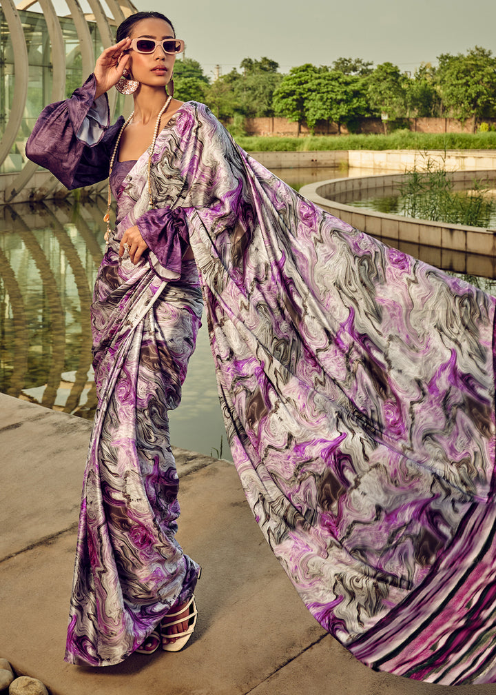 Purple & White Satin Silk Saree with Shaded Digital Print Design