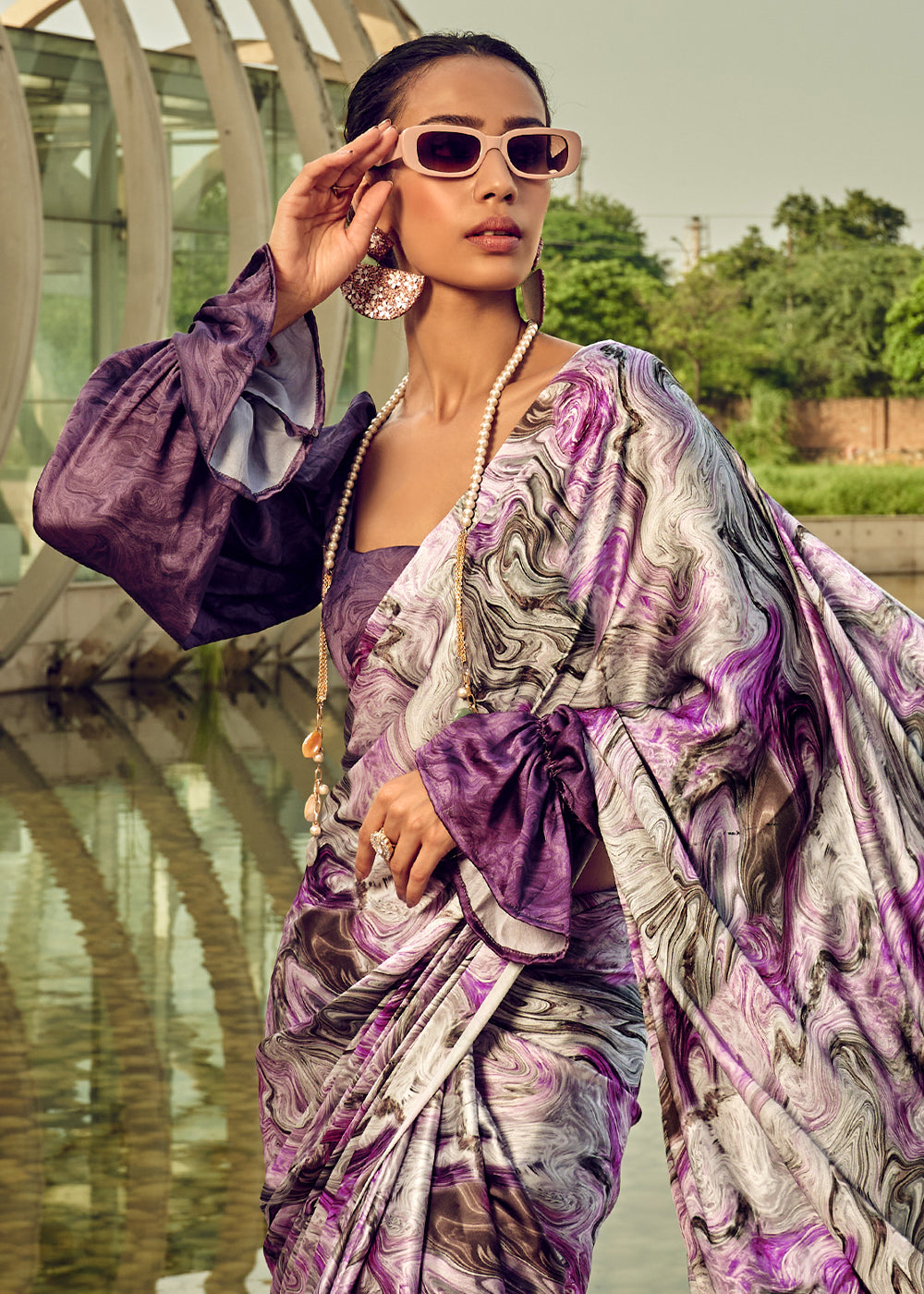 Purple & White Satin Silk Saree with Shaded Digital Print Design