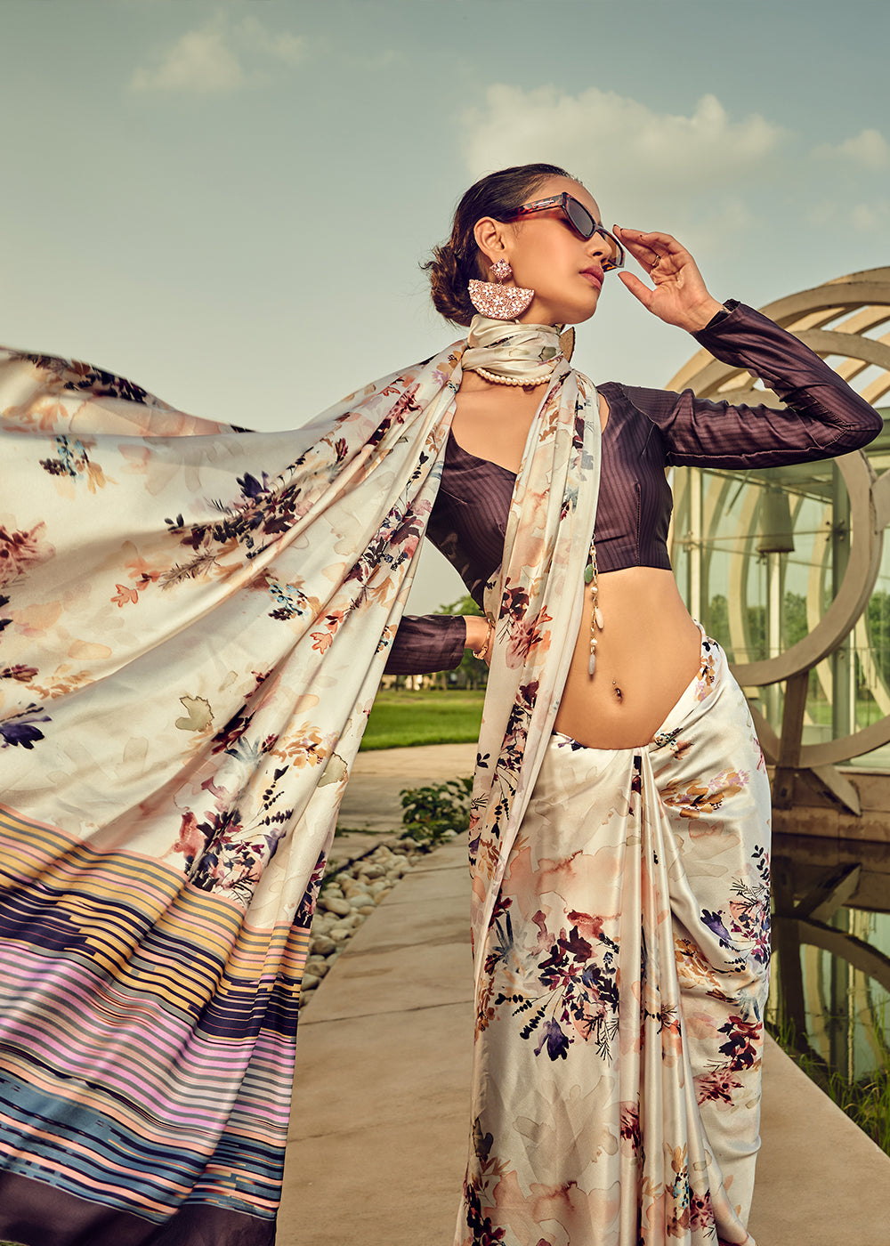 Pearl White Satin Silk Saree with Shaded Digital Print Design