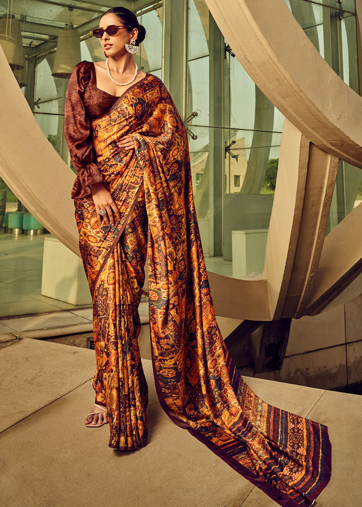 Yellow & Brown Satin Silk Saree with Shaded Digital Print Design