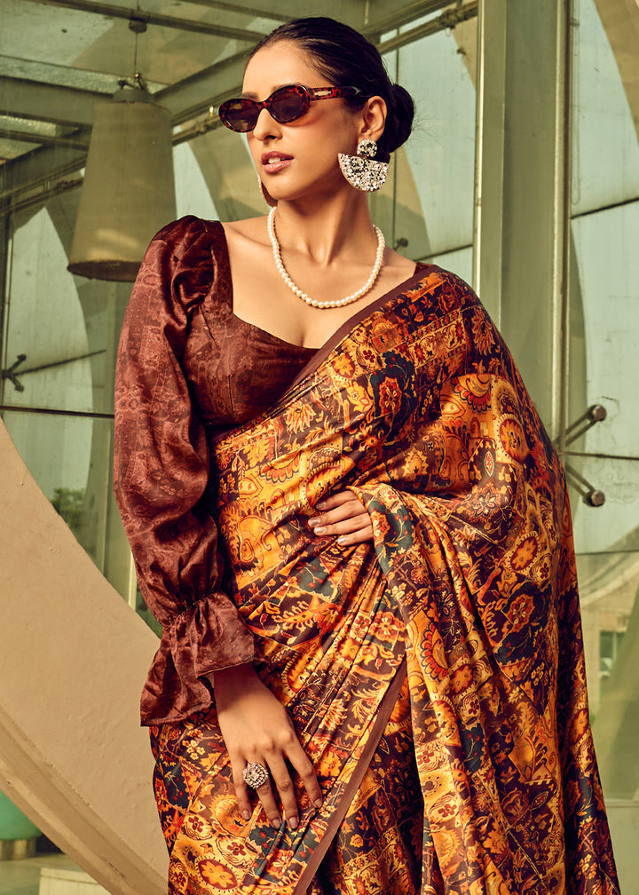 Yellow & Brown Satin Silk Saree with Shaded Digital Print Design