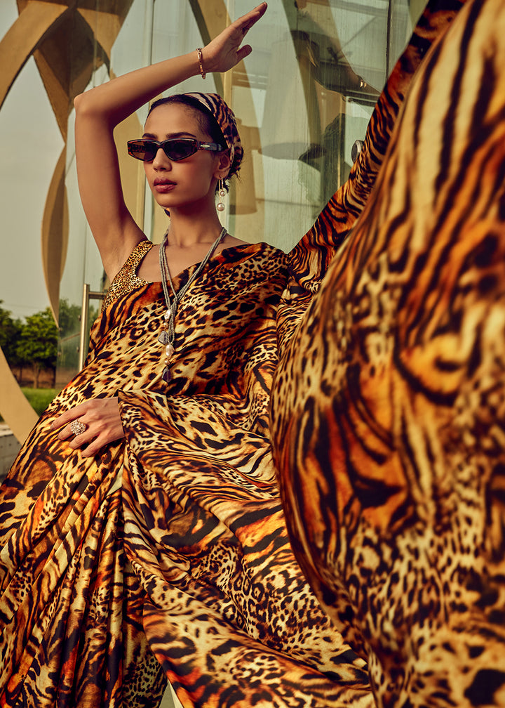 Yellow & Brown Satin Silk Saree with Shaded Digital Print Design