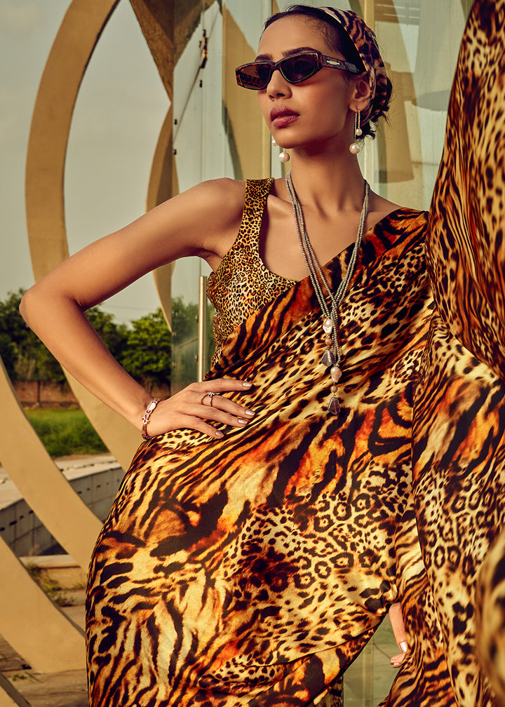 Yellow & Brown Satin Silk Saree with Shaded Digital Print Design