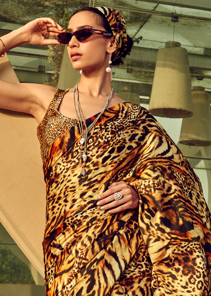 Yellow & Brown Satin Silk Saree with Shaded Digital Print Design