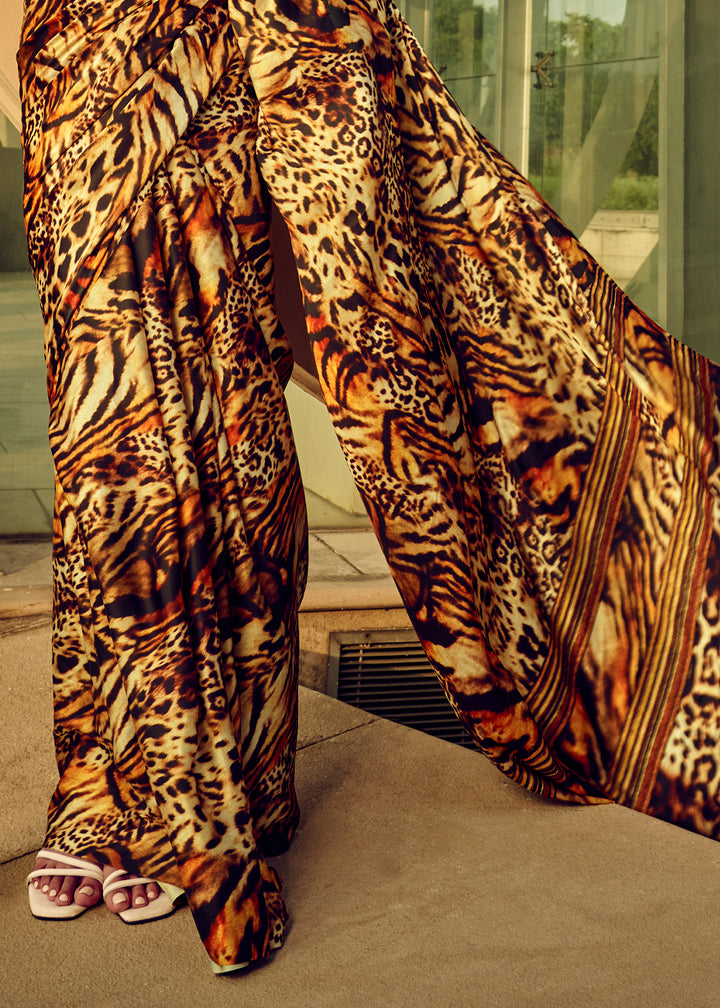 Yellow & Brown Satin Silk Saree with Shaded Digital Print Design