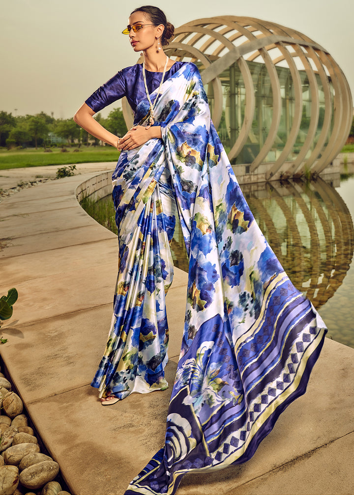 White & Blue Satin Silk Saree with Shaded Digital Print Design