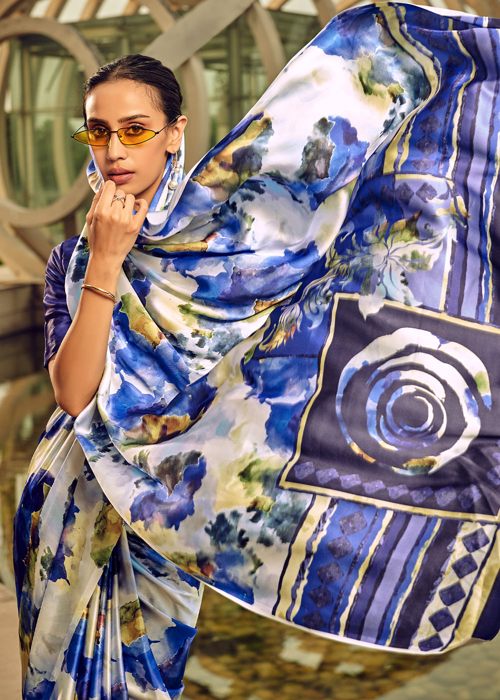 White & Blue Satin Silk Saree with Shaded Digital Print Design