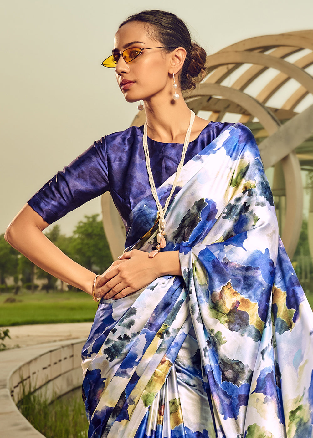 White & Blue Satin Silk Saree with Shaded Digital Print Design