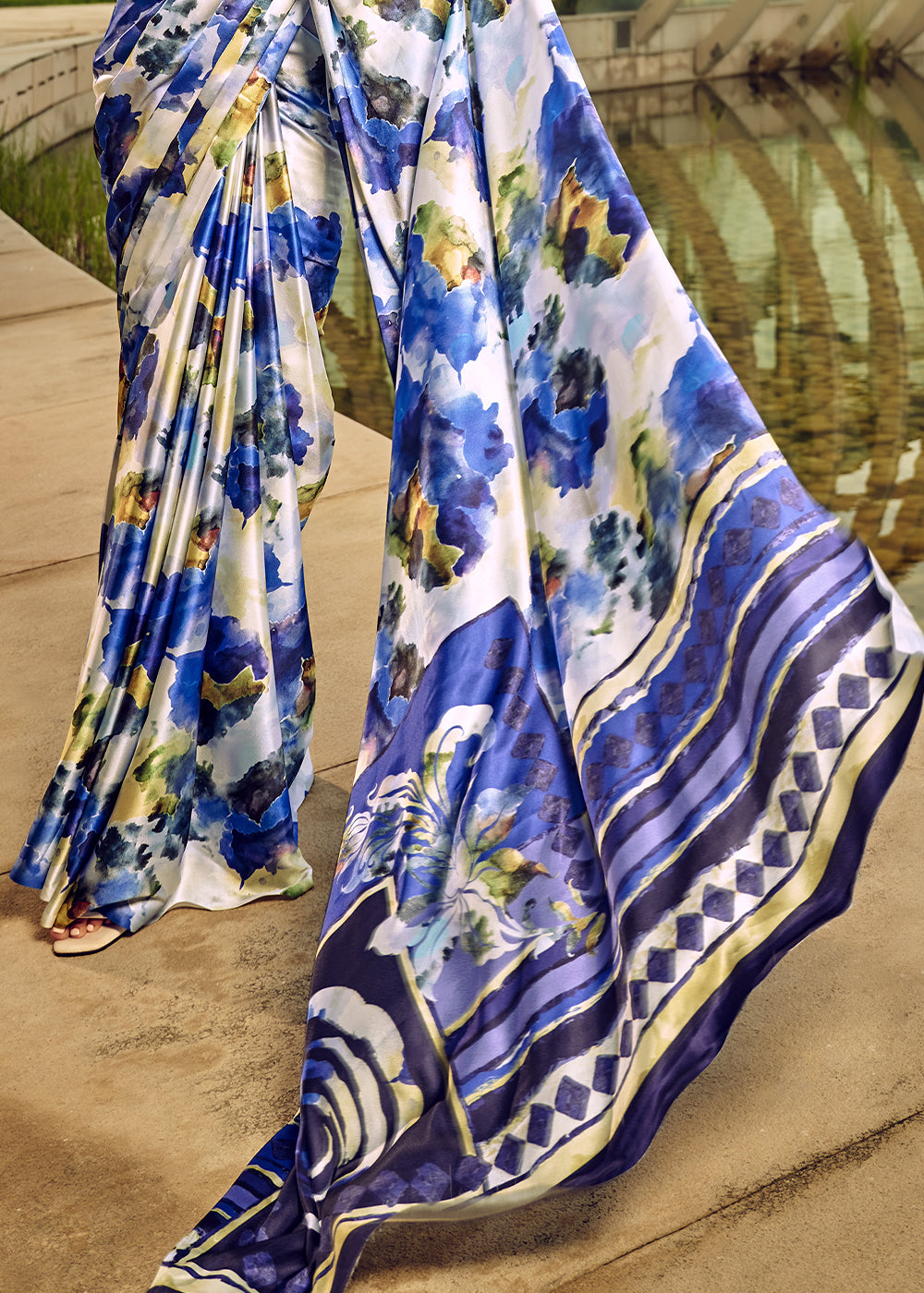 White & Blue Satin Silk Saree with Shaded Digital Print Design