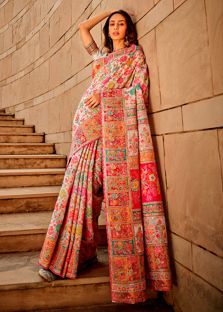 Daisy White & Pink Banarasi Silk Saree Featuring Kashmiri Handloom Weaving