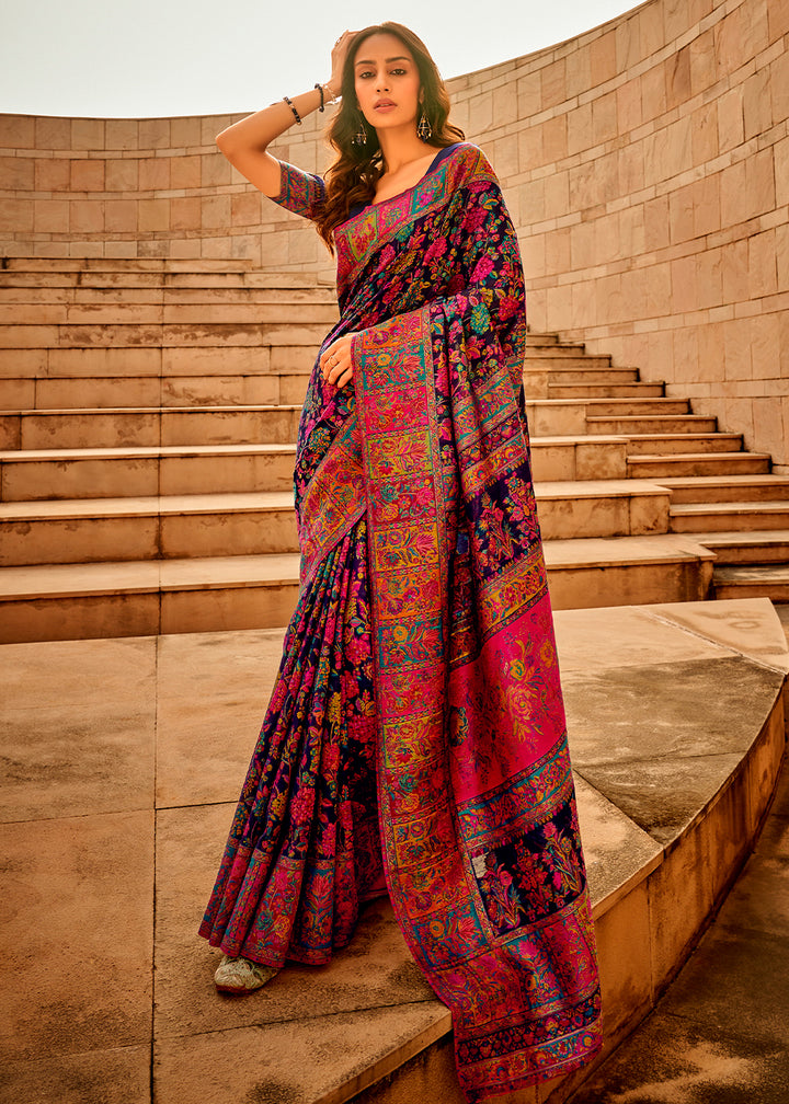 Berry Blue Banarasi Silk Saree Featuring Kashmiri Handloom Weaving