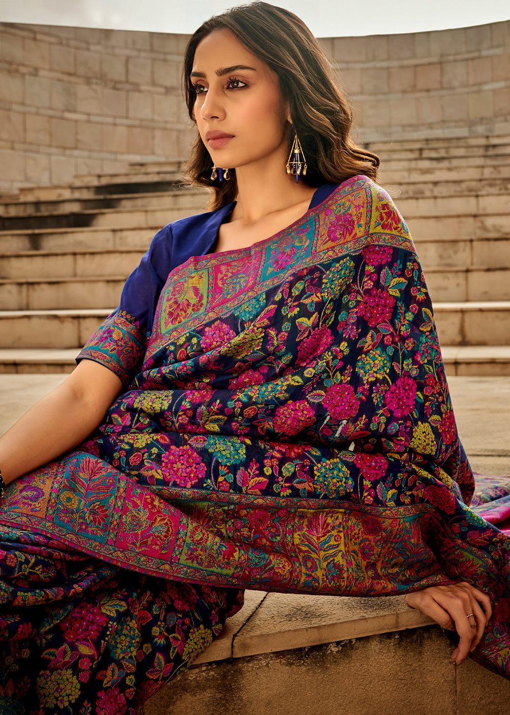 Berry Blue Banarasi Silk Saree Featuring Kashmiri Handloom Weaving