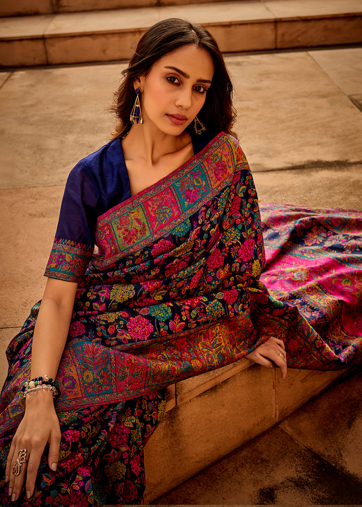 Berry Blue Banarasi Silk Saree Featuring Kashmiri Handloom Weaving