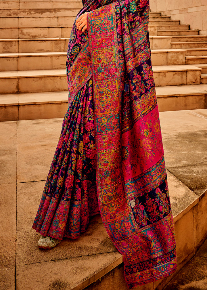 Berry Blue Banarasi Silk Saree Featuring Kashmiri Handloom Weaving