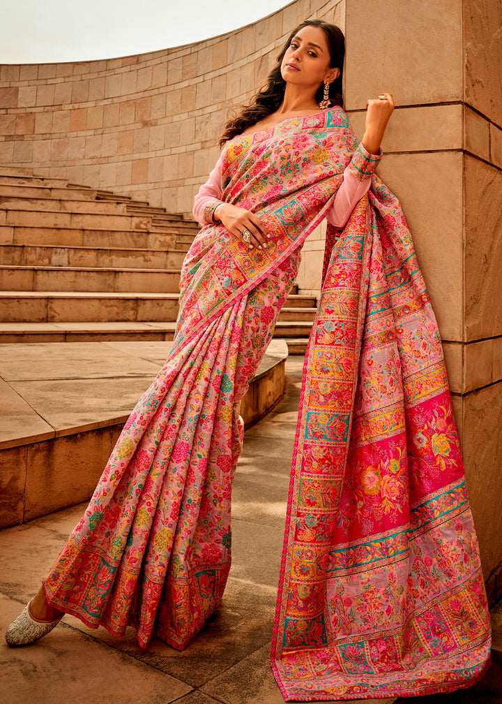 Blush Pink Banarasi Silk Saree Featuring Kashmiri Handloom Weaving