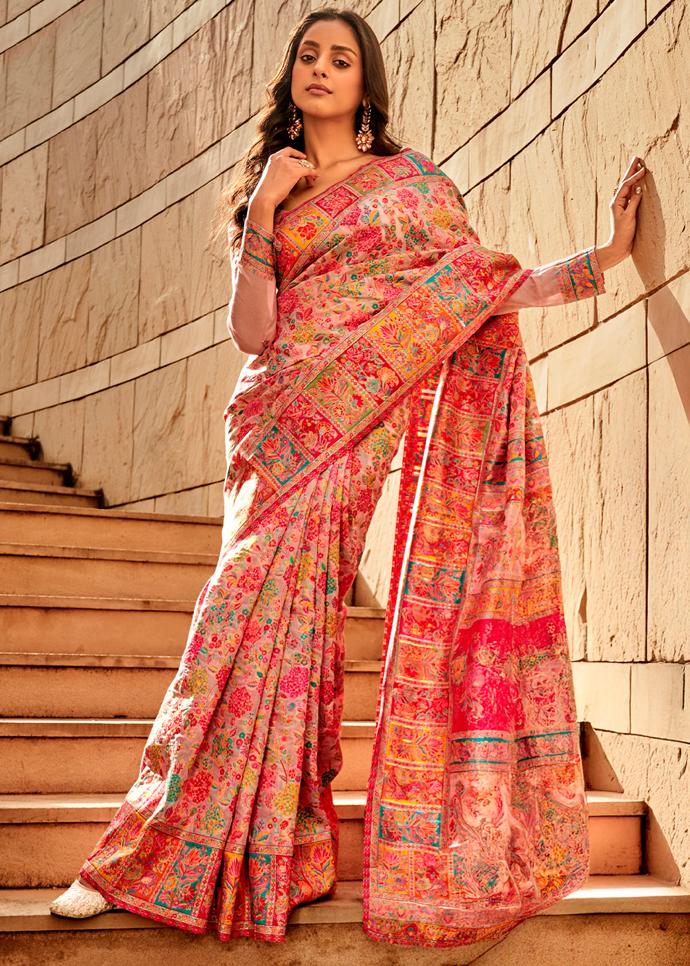 Blush Pink Banarasi Silk Saree Featuring Kashmiri Handloom Weaving