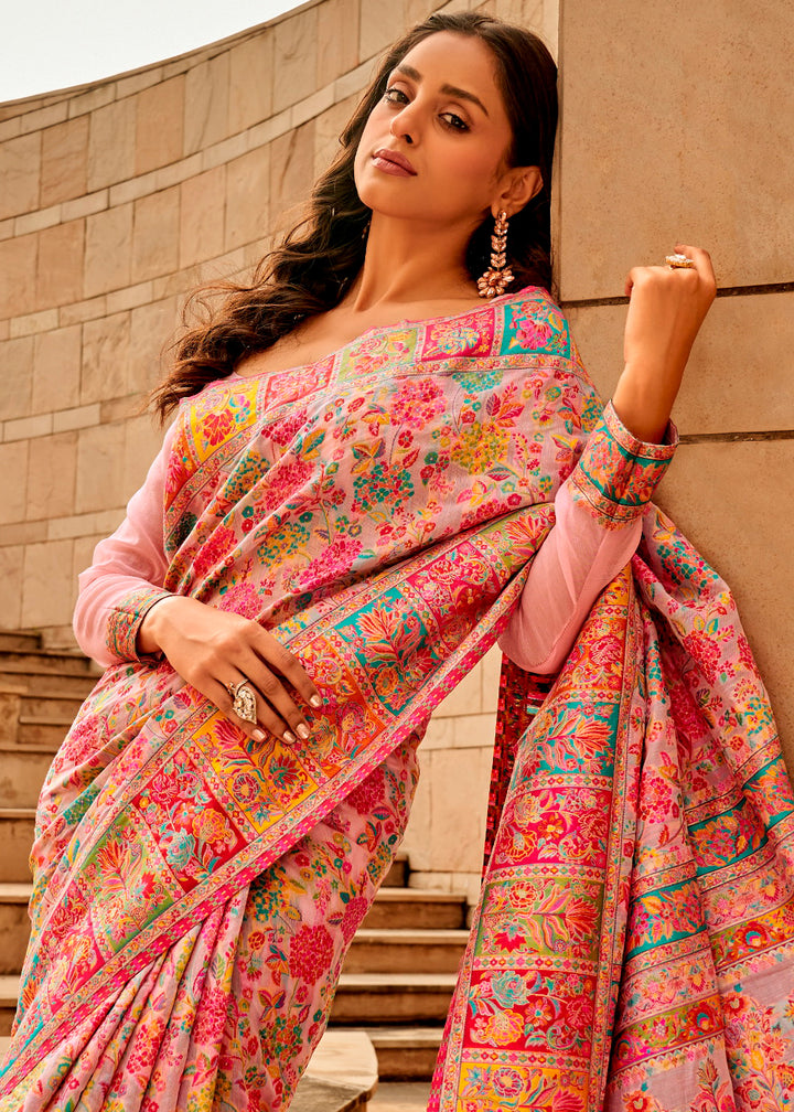 Blush Pink Banarasi Silk Saree Featuring Kashmiri Handloom Weaving