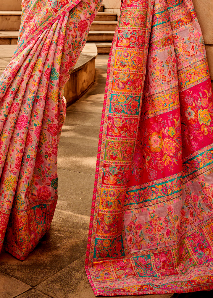 Blush Pink Banarasi Silk Saree Featuring Kashmiri Handloom Weaving