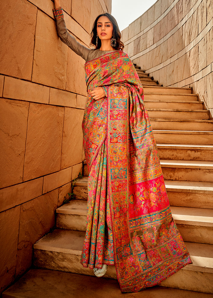 Seal Grey Banarasi Silk Saree Featuring Kashmiri Handloom Weaving