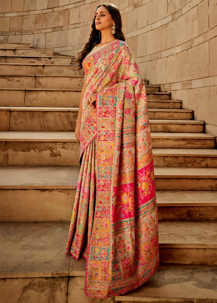 Cream White Banarasi Silk Saree Featuring Kashmiri Handloom Weaving