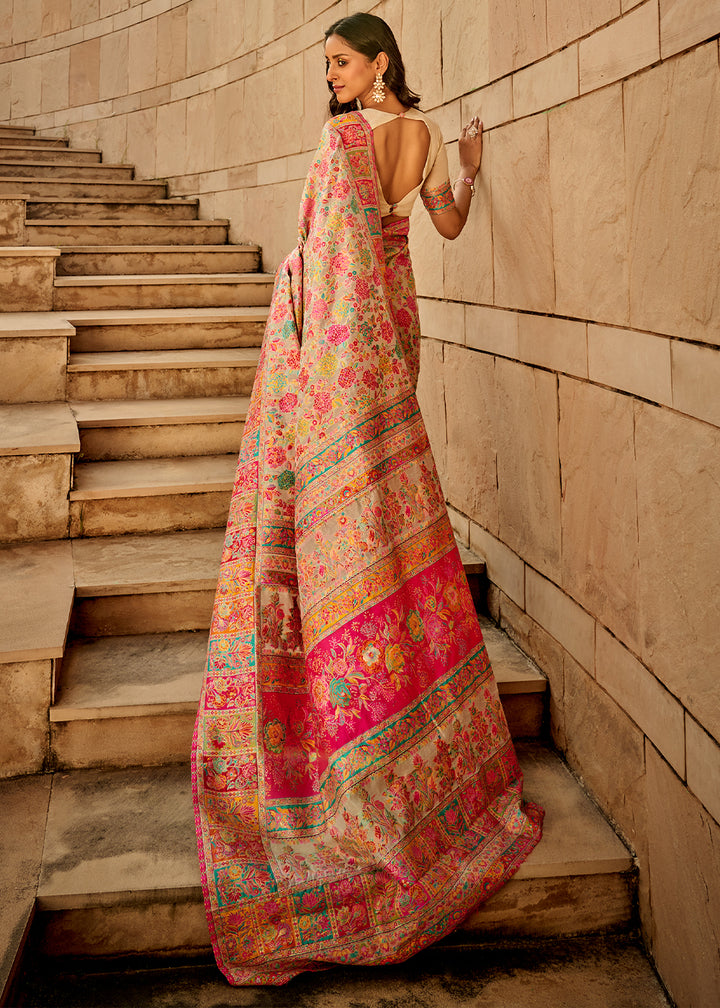 Cream White Banarasi Silk Saree Featuring Kashmiri Handloom Weaving