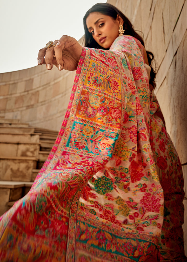 Cream White Banarasi Silk Saree Featuring Kashmiri Handloom Weaving