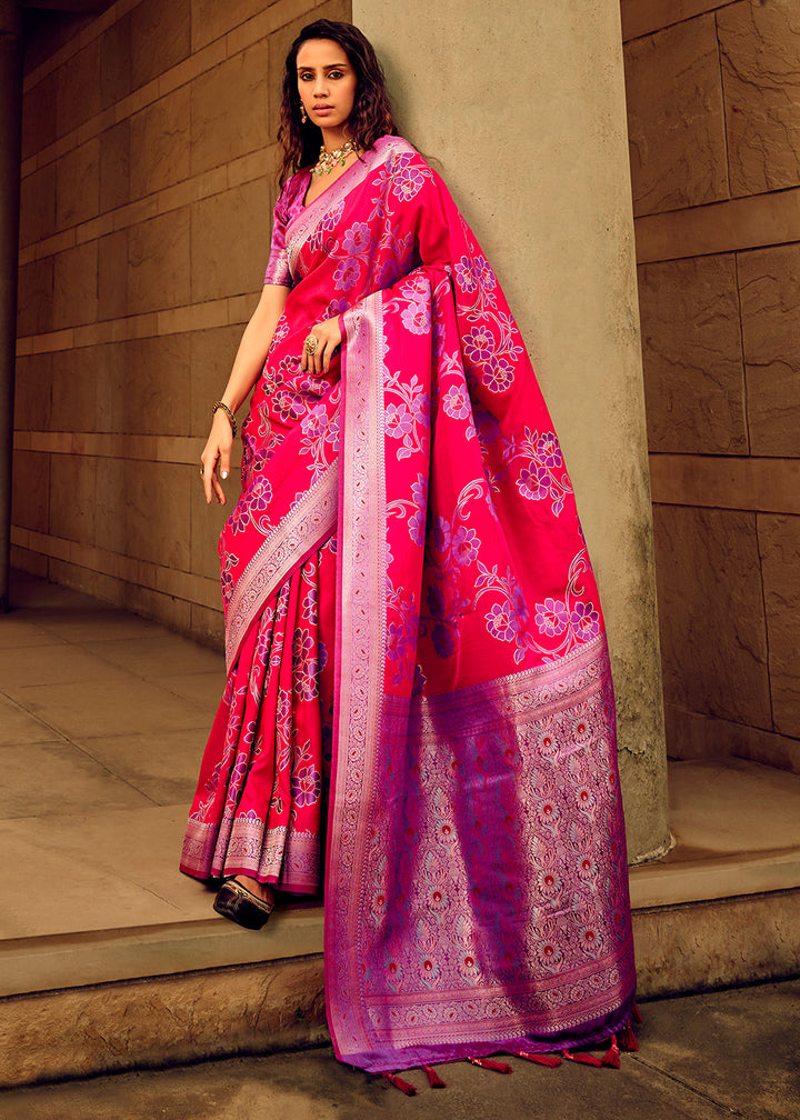 Raspberry Pink Handloom Woven Satin Silk Saree with Floral Motifs