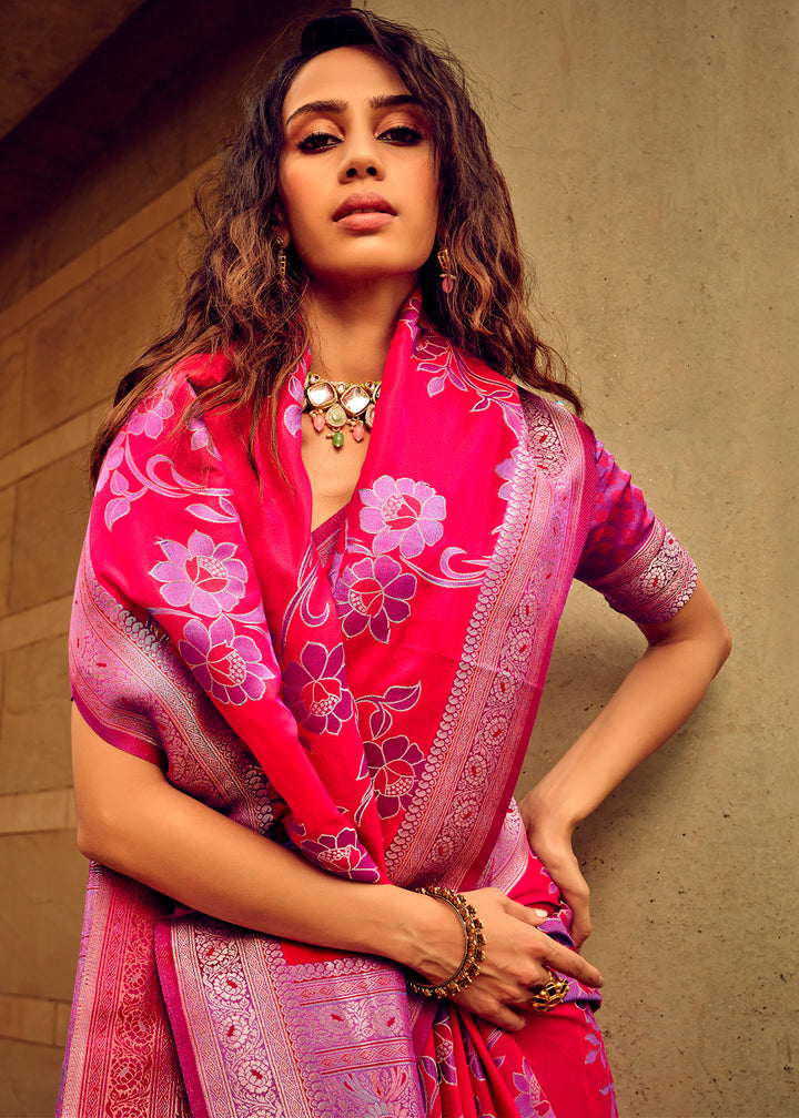 Raspberry Pink Handloom Woven Satin Silk Saree with Floral Motifs