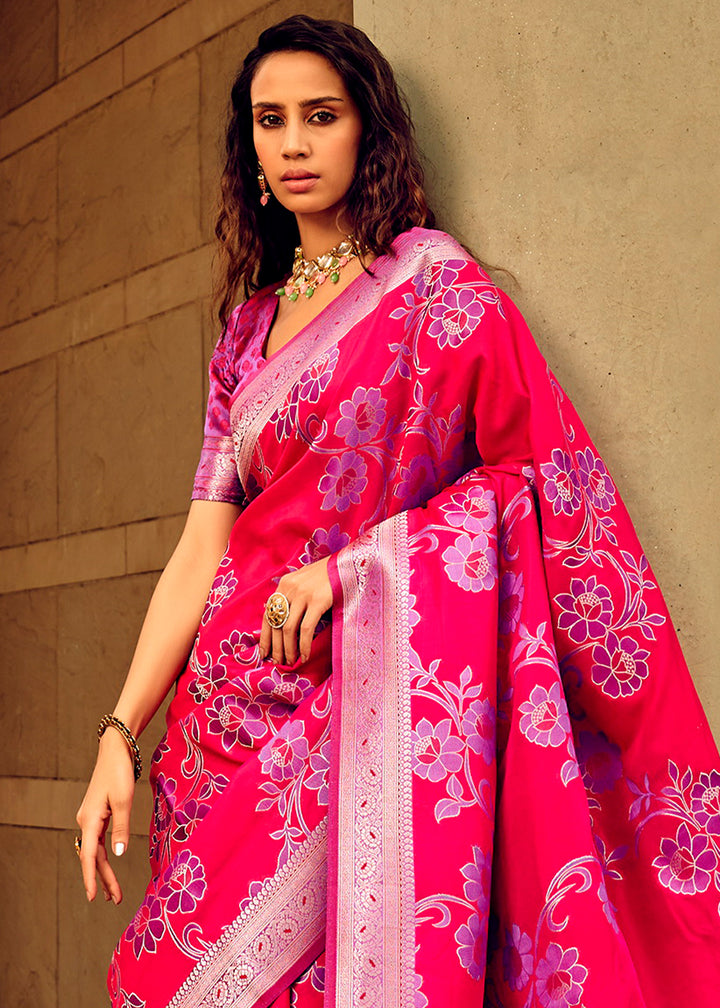 Raspberry Pink Handloom Woven Satin Silk Saree with Floral Motifs