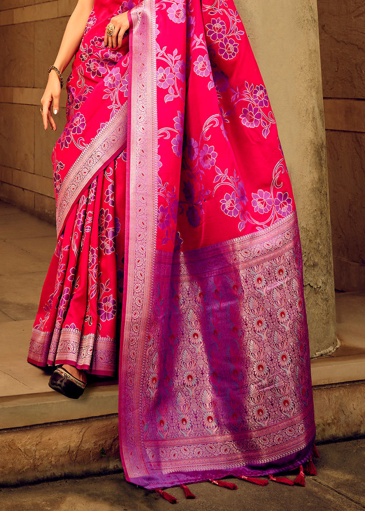 Raspberry Pink Handloom Woven Satin Silk Saree with Floral Motifs