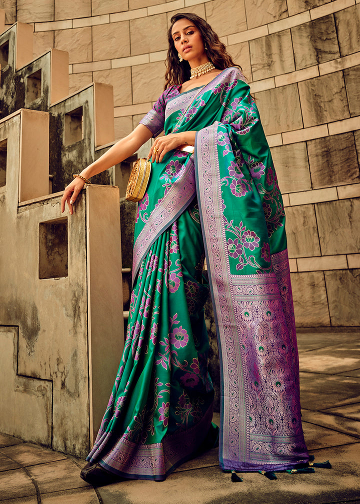 Jade Green Handloom Woven Satin Silk Saree with Floral Motifs