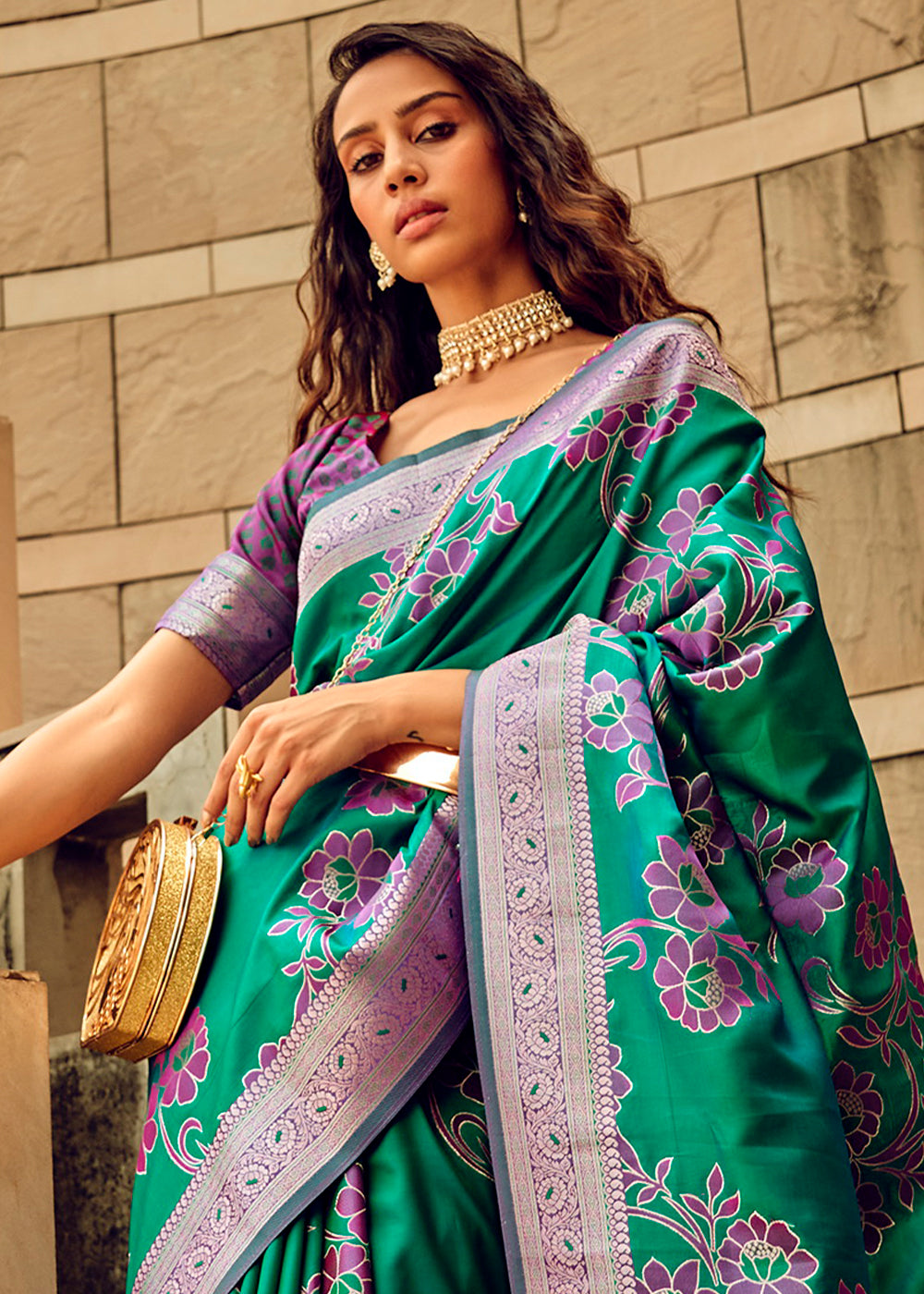 Jade Green Handloom Woven Satin Silk Saree with Floral Motifs